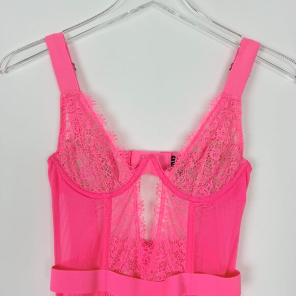 Victoria's Secret Garter Slip Women's Size 34B Neon Pink Lace Boned Corset Teddy - Picture 4 of 15